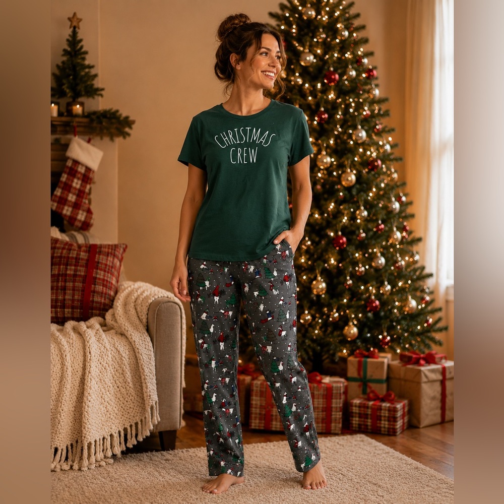“CHRISTMAS CREW” women’s holiday pajamas, shirt is large, pants are medium